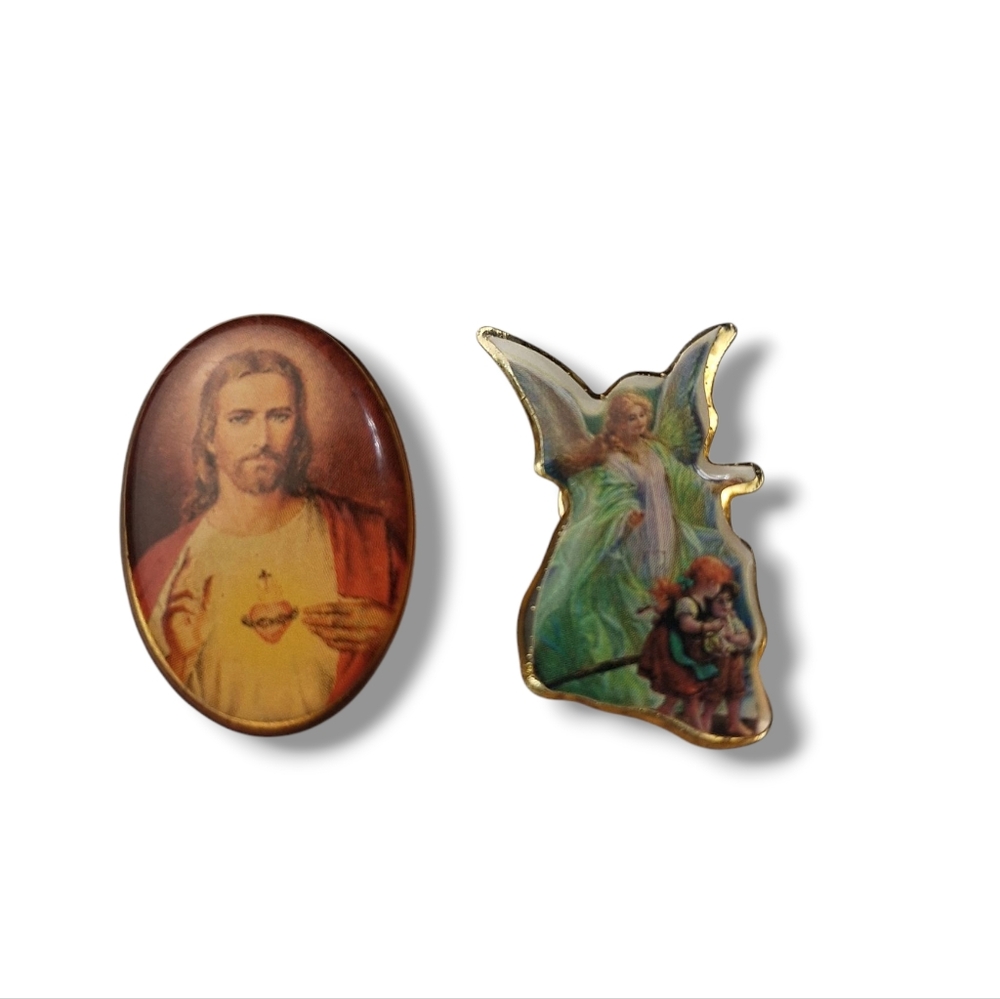 2 Vintage Enamel Pins Guardian Angel Watching Over Children And Jesus Pin Back